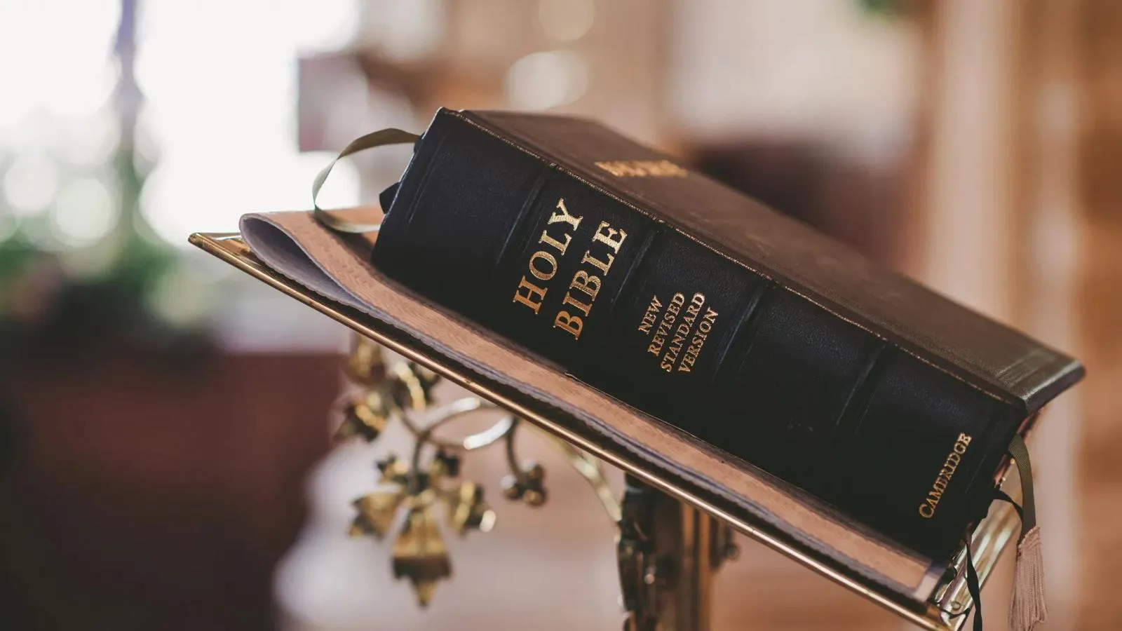 Closed Bible resting on a wooden stand